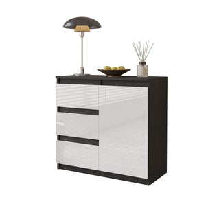 MIKEL - Kommode / Sideboard mit 3 Schubladen und 1 Tür - Anthrazit Grau / Weiß Gloss H75cm B80cm T35cm