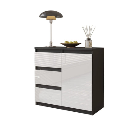 MIKEL - Kommode / Sideboard mit 3 Schubladen und 1 Tür - Anthrazit Grau / Weiß Gloss H75cm B80cm T35cm – Furnica