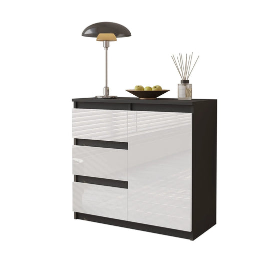 MIKEL - Kommode / Sideboard mit 3 Schubladen und 1 Tür - Anthrazit Grau / Weiß Gloss H75cm B80cm T35cm – Furnica