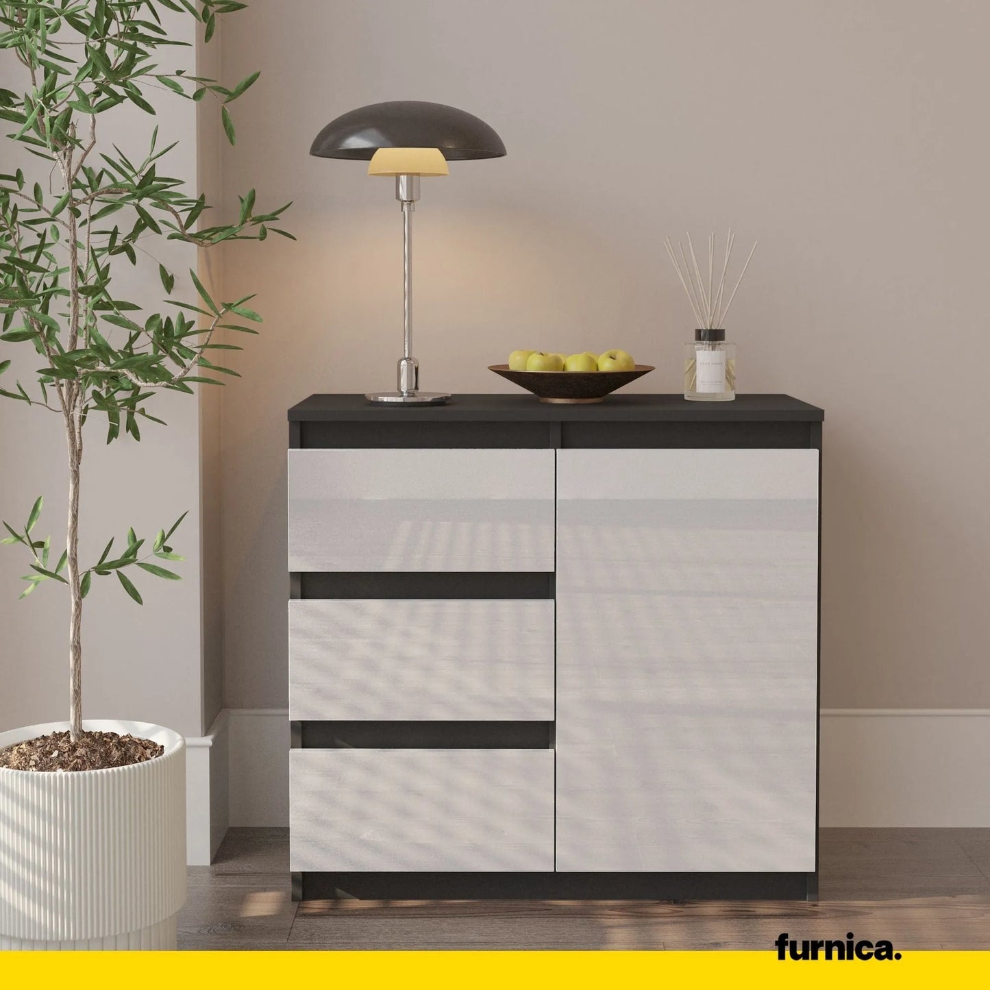 MIKEL - Kommode / Sideboard mit 3 Schubladen und 1 Tür - Anthrazit Grau / Weiß Gloss H75cm B80cm T35cm – Furnica