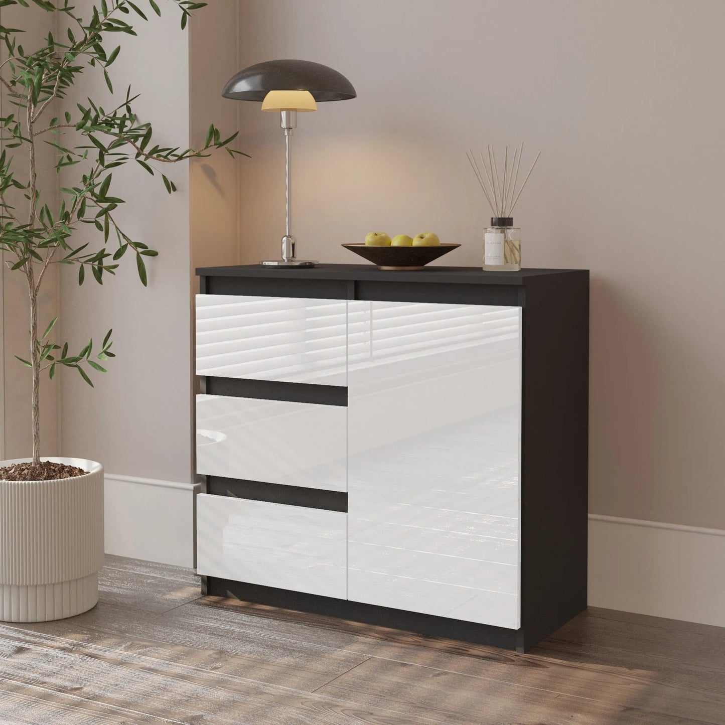 MIKEL - Kommode / Sideboard mit 3 Schubladen und 1 Tür - Anthrazit Grau / Weiß Gloss H75cm B80cm T35cm – Furnica