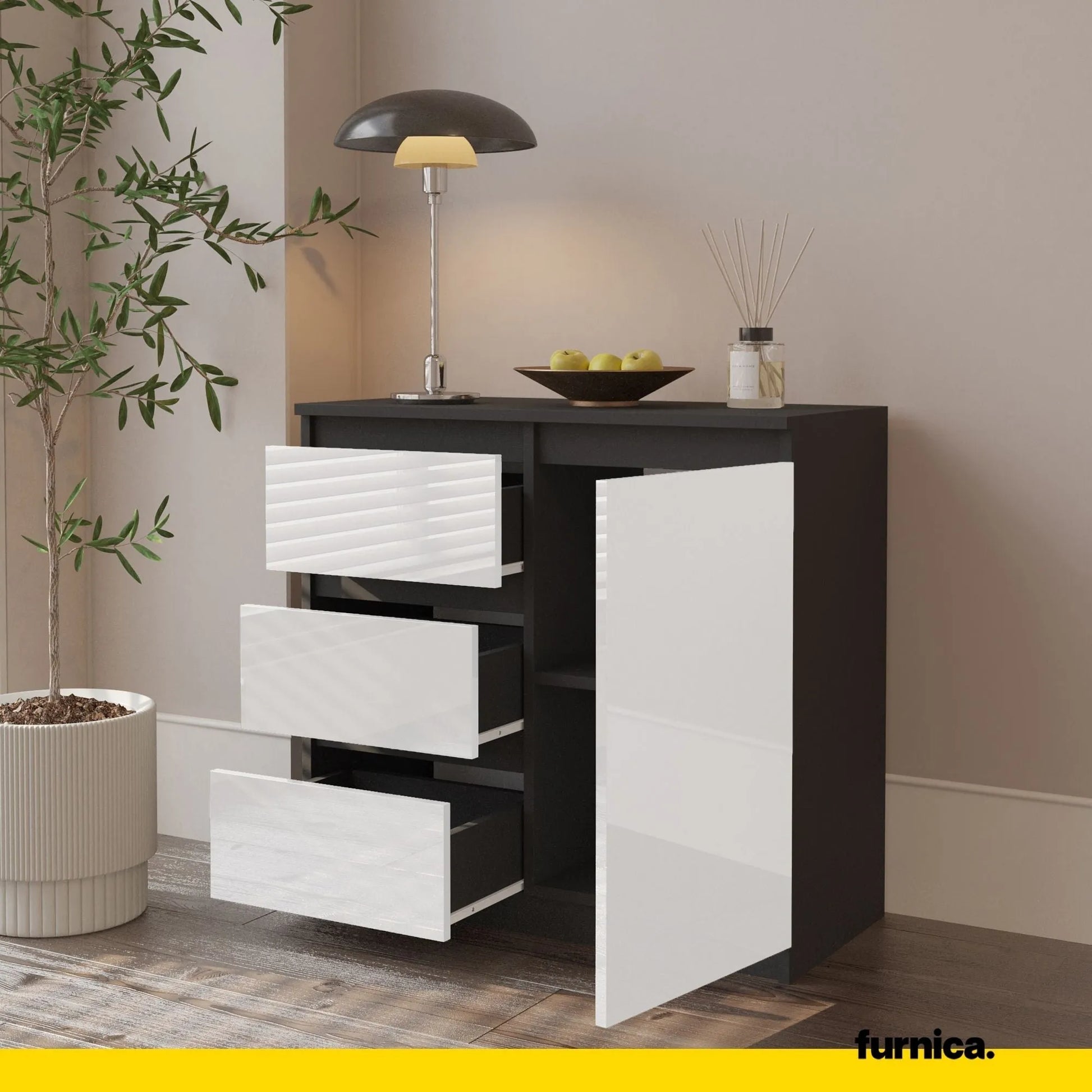 MIKEL - Kommode / Sideboard mit 3 Schubladen und 1 Tür - Anthrazit Grau / Weiß Gloss H75cm B80cm T35cm – Furnica