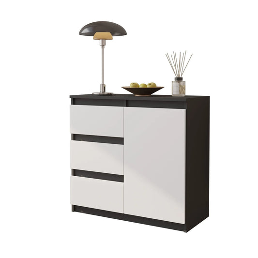 MIKEL - Kommode / Sideboard mit 3 Schubladen und 1 Tür - Anthrazit Grau / Weiß Matt H75cm B80cm T35cm – Furnica