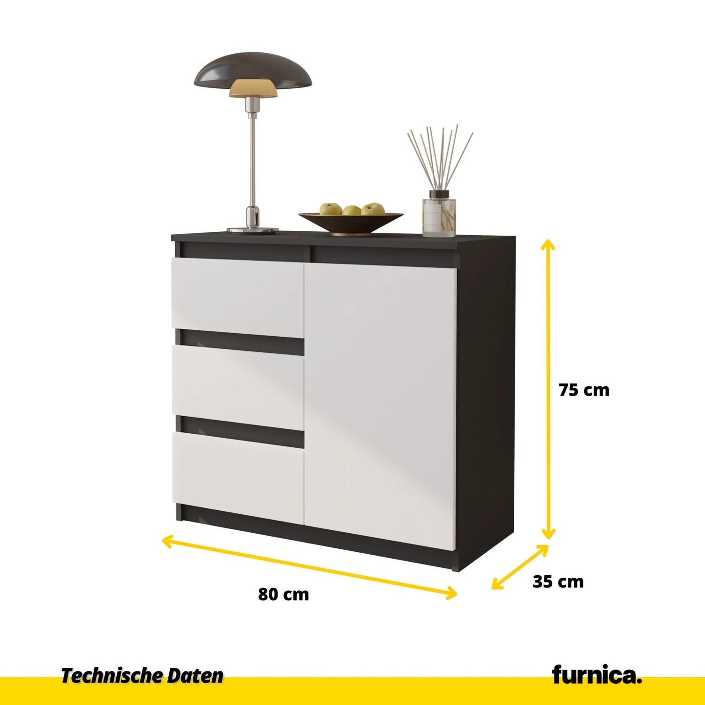 MIKEL - Kommode / Sideboard mit 3 Schubladen und 1 Tür - Anthrazit Grau / Weiß Matt H75cm B80cm T35cm – Furnica