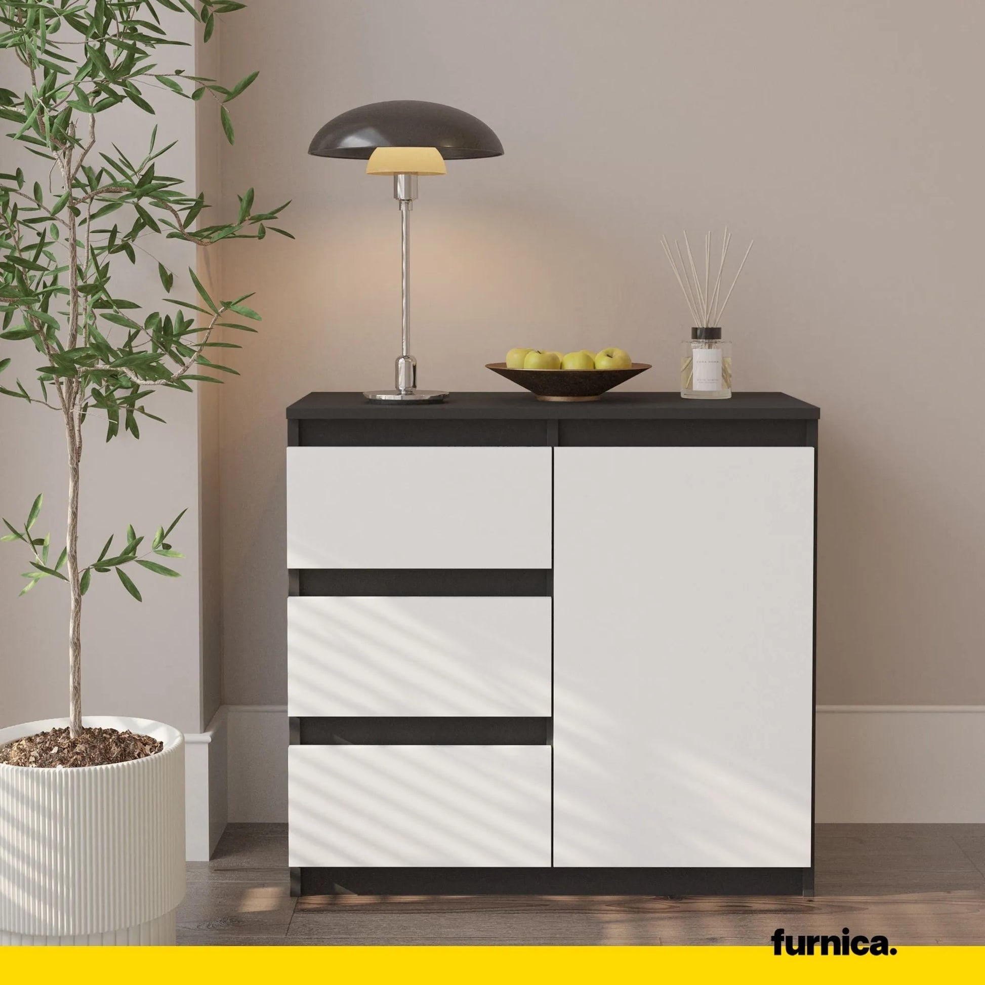 MIKEL - Kommode / Sideboard mit 3 Schubladen und 1 Tür - Anthrazit Grau / Weiß Matt H75cm B80cm T35cm – Furnica