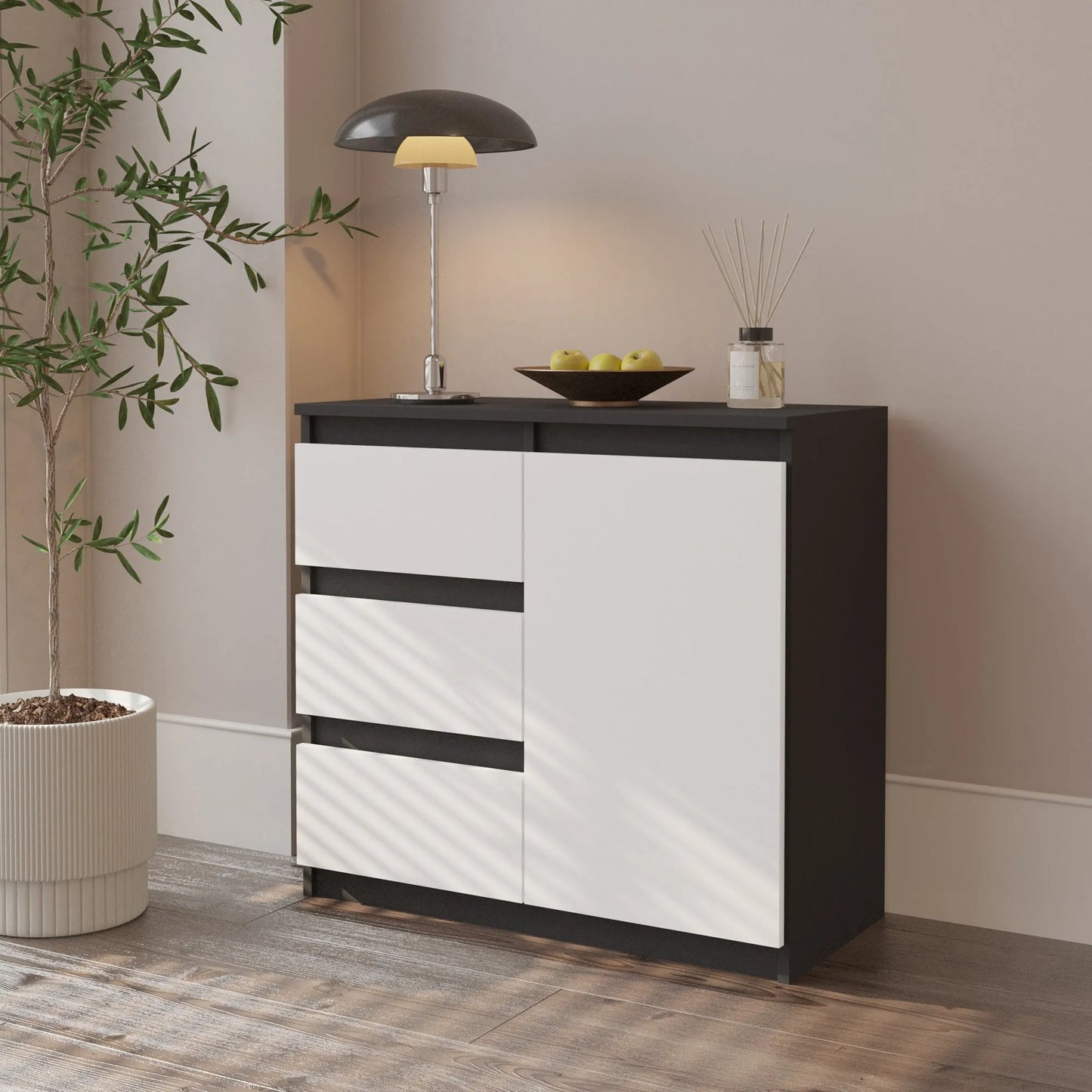 MIKEL - Kommode / Sideboard mit 3 Schubladen und 1 Tür - Anthrazit Grau / Weiß Matt H75cm B80cm T35cm – Furnica