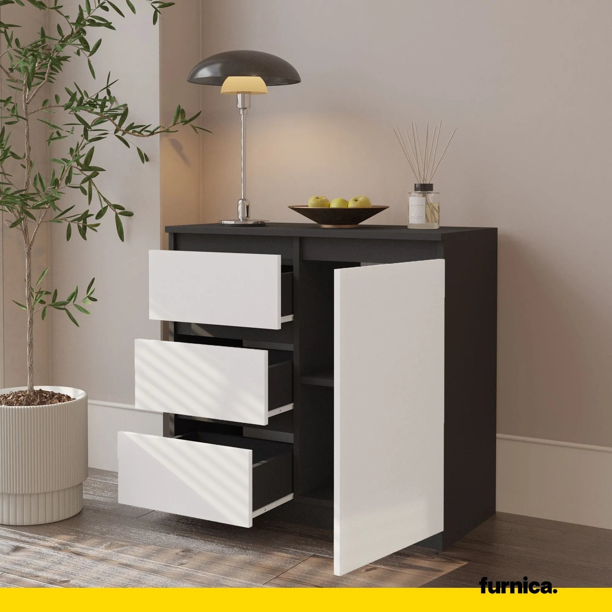 MIKEL - Kommode / Sideboard mit 3 Schubladen und 1 Tür - Anthrazit Grau / Weiß Matt H75cm B80cm T35cm – Furnica
