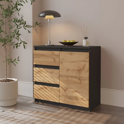 MIKEL - Kommode / Sideboard mit 3 Schubladen und 1 Tür - Anthrazit Grau / Wotan Eiche H75cm B80cm T35cm – Furnica