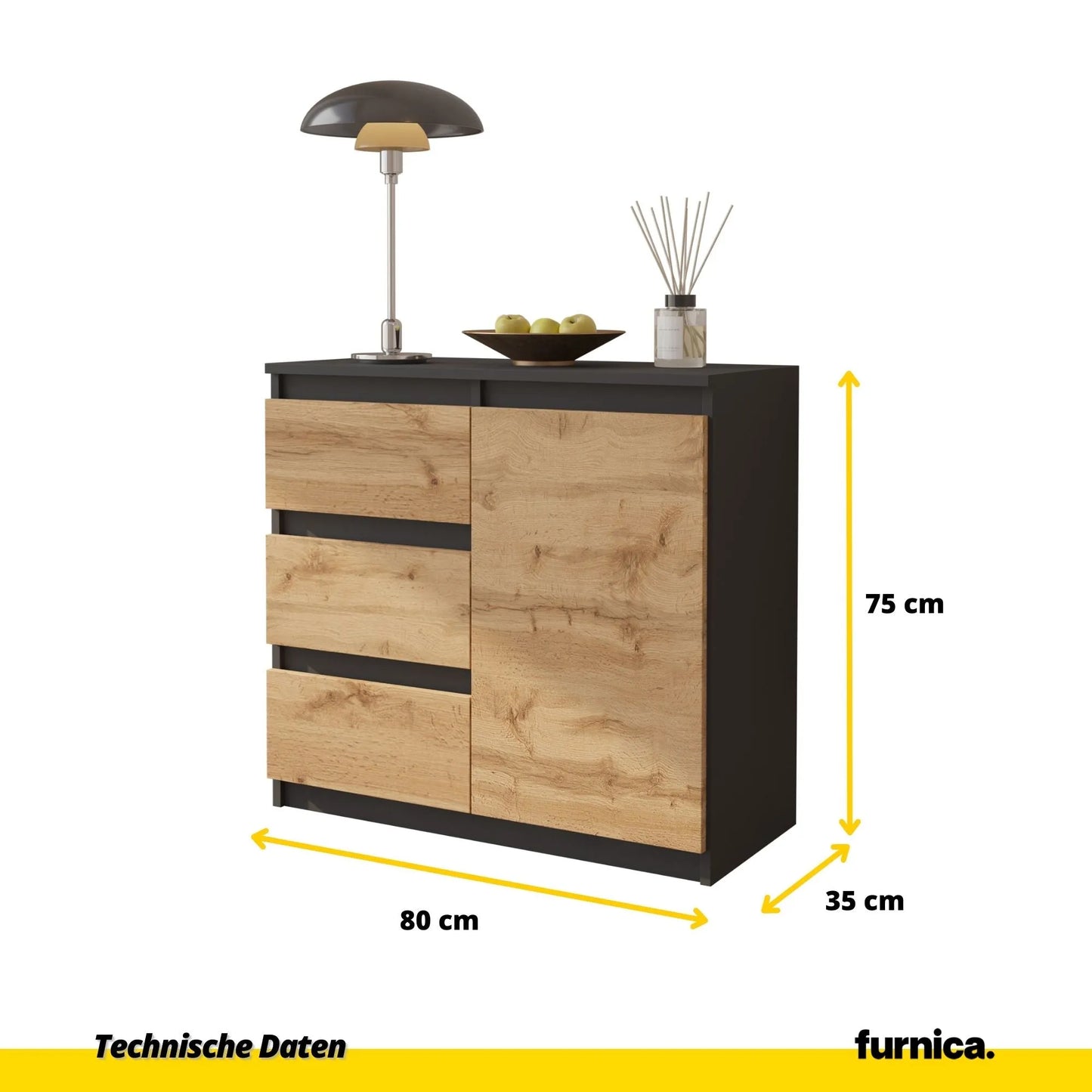 MIKEL - Kommode / Sideboard mit 3 Schubladen und 1 Tür - Anthrazit Grau / Wotan Eiche H75cm B80cm T35cm – Furnica