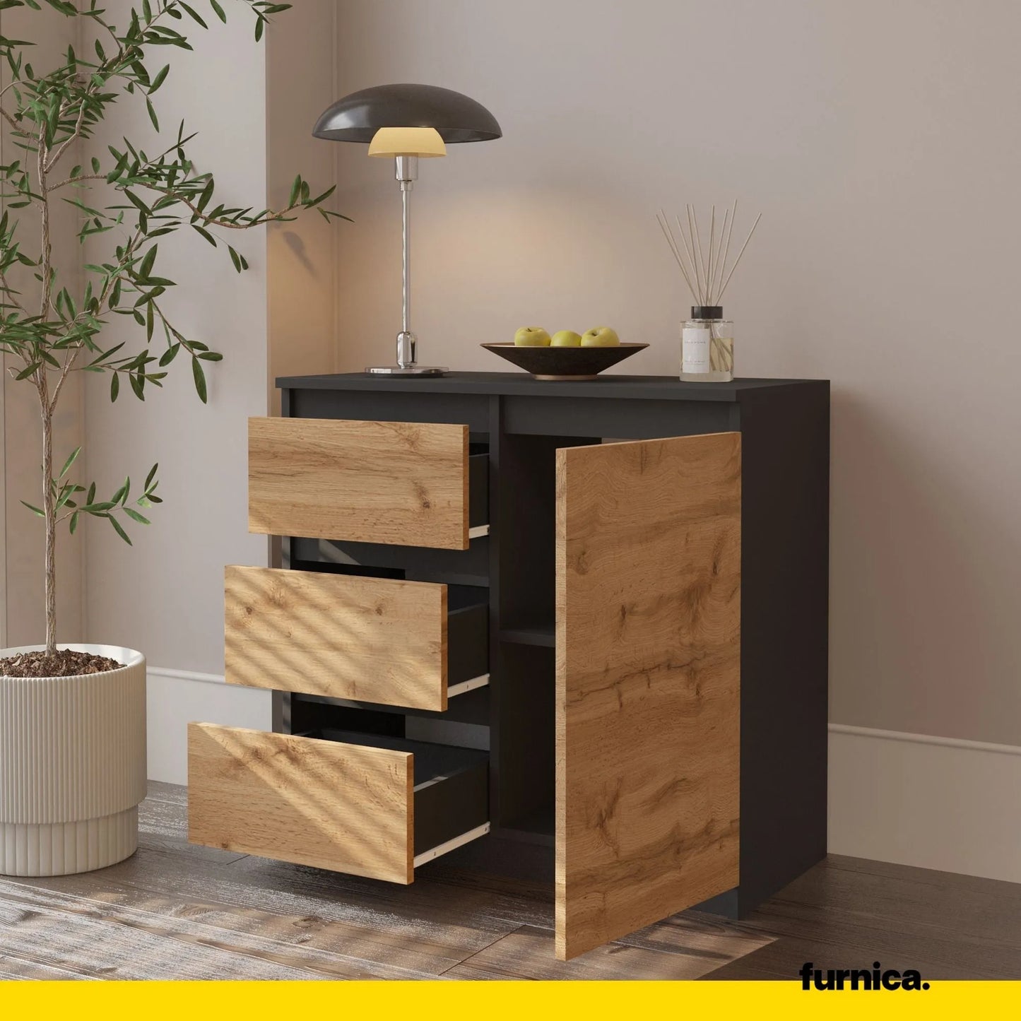 MIKEL - Kommode / Sideboard mit 3 Schubladen und 1 Tür - Anthrazit Grau / Wotan Eiche H75cm B80cm T35cm – Furnica