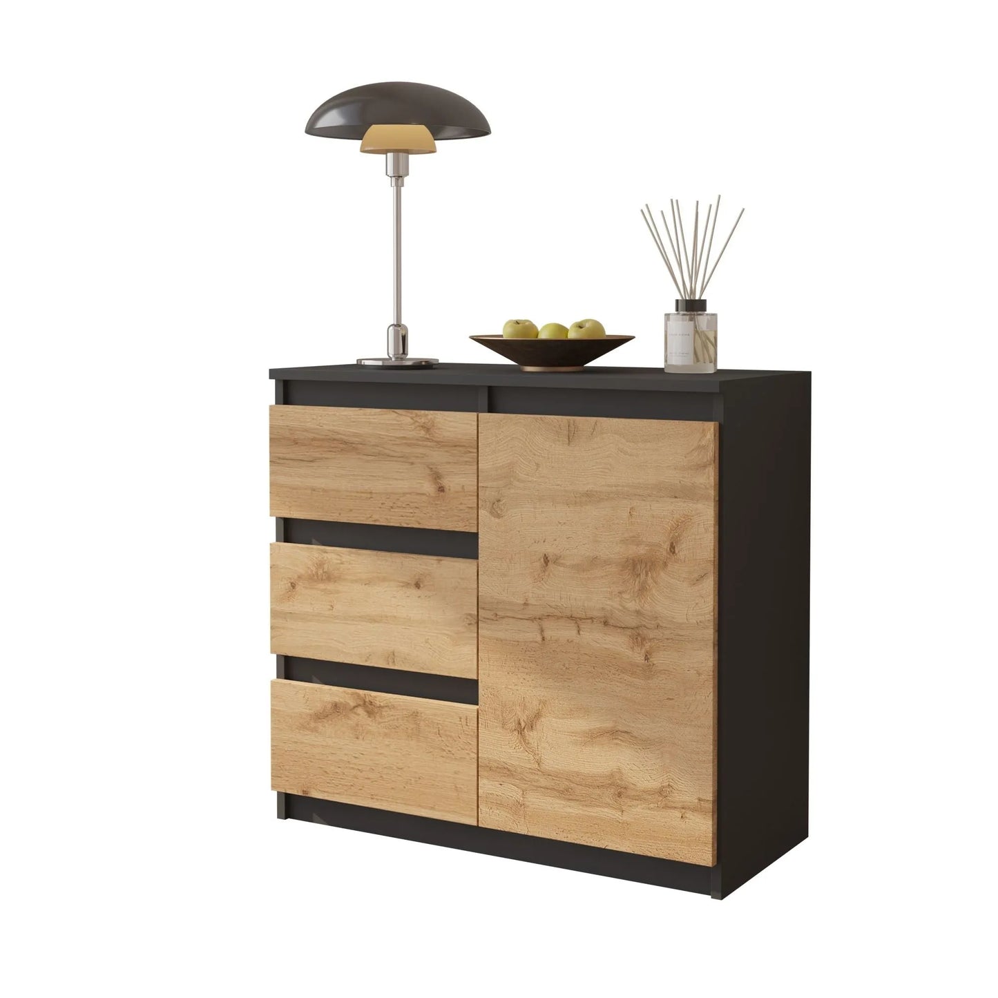 MIKEL - Kommode / Sideboard mit 3 Schubladen und 1 Tür - Anthrazit Grau / Wotan Eiche H75cm B80cm T35cm – Furnica