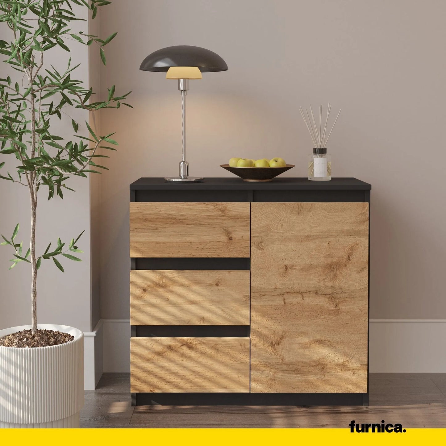 MIKEL - Kommode / Sideboard mit 3 Schubladen und 1 Tür - Anthrazit Grau / Wotan Eiche H75cm B80cm T35cm – Furnica