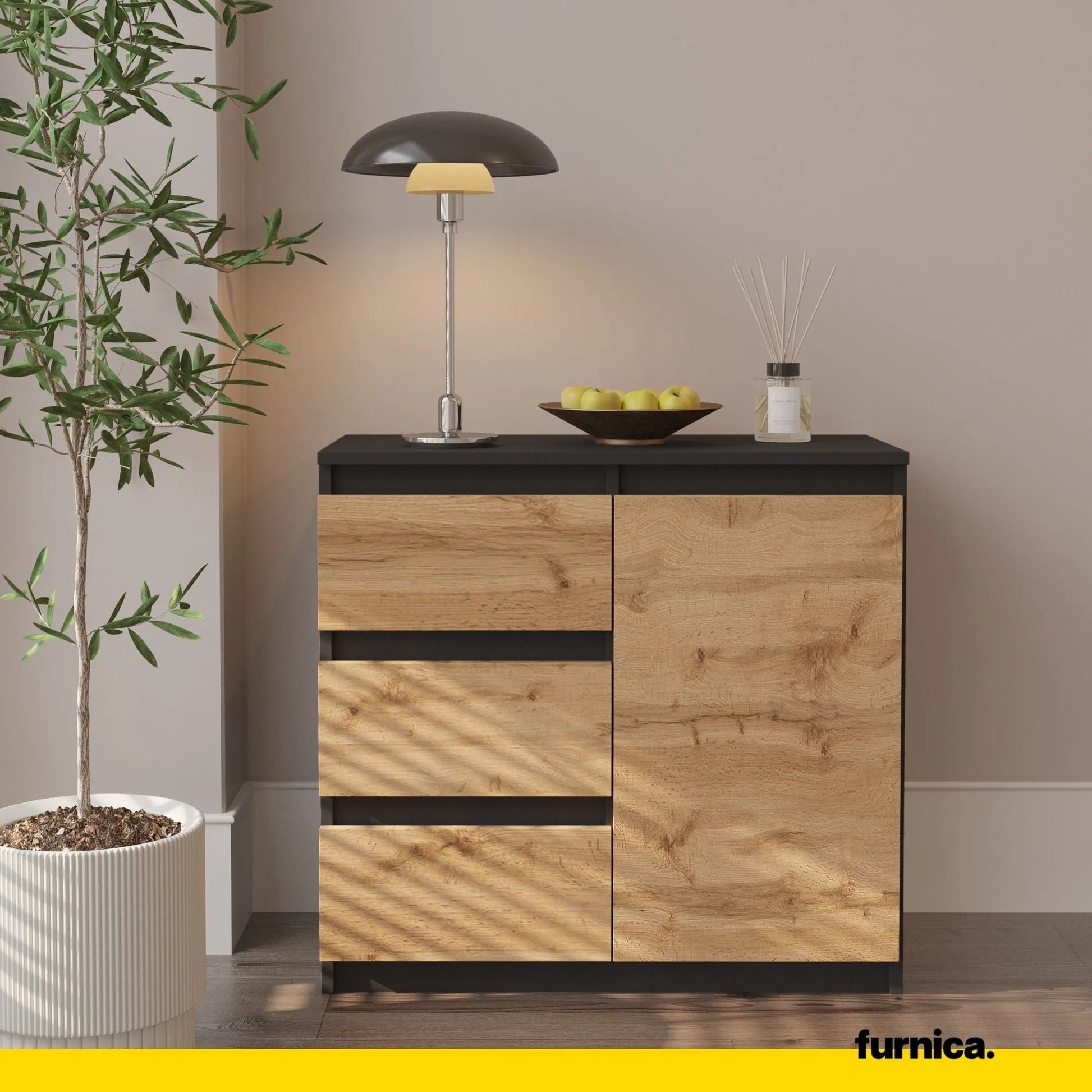 MIKEL - Kommode / Sideboard mit 3 Schubladen und 1 Tür - Anthrazit Grau / Wotan Eiche H75cm B80cm T35cm – Furnica
