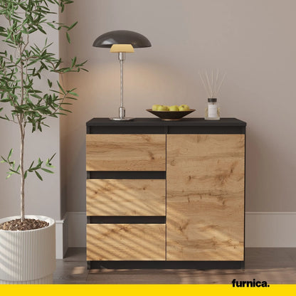 MIKEL - Kommode / Sideboard mit 3 Schubladen und 1 Tür - Anthrazit Grau / Wotan Eiche H75cm B80cm T35cm – Furnica