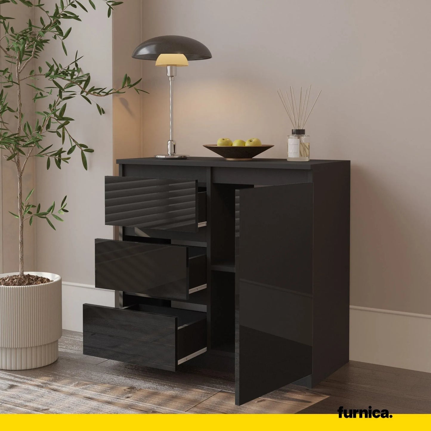 MIKEL - Kommode / Sideboard mit 3 Schubladen und 1 Tür - Anthrazit / Schwarz Gloss H75cm B80cm T35cm – Furnica