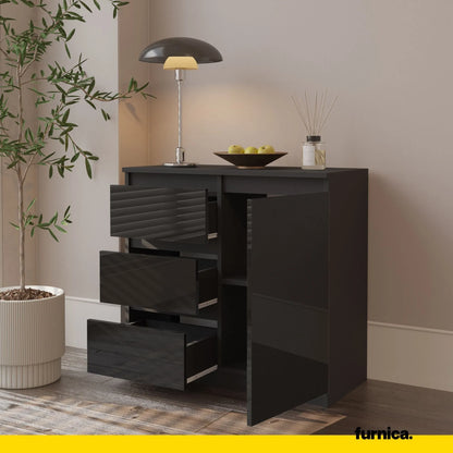 MIKEL - Kommode / Sideboard mit 3 Schubladen und 1 Tür - Anthrazit / Schwarz Gloss H75cm B80cm T35cm – Furnica