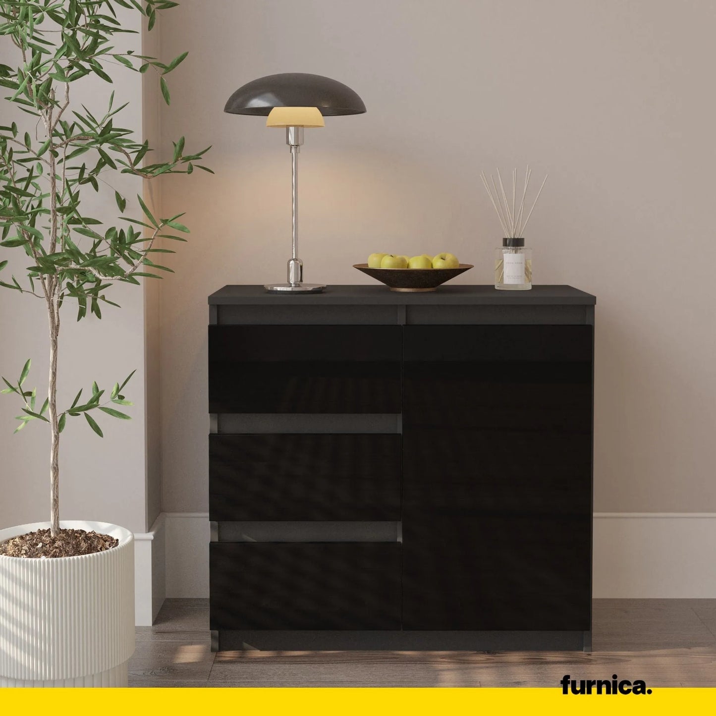 MIKEL - Kommode / Sideboard mit 3 Schubladen und 1 Tür - Anthrazit / Schwarz Gloss H75cm B80cm T35cm – Furnica
