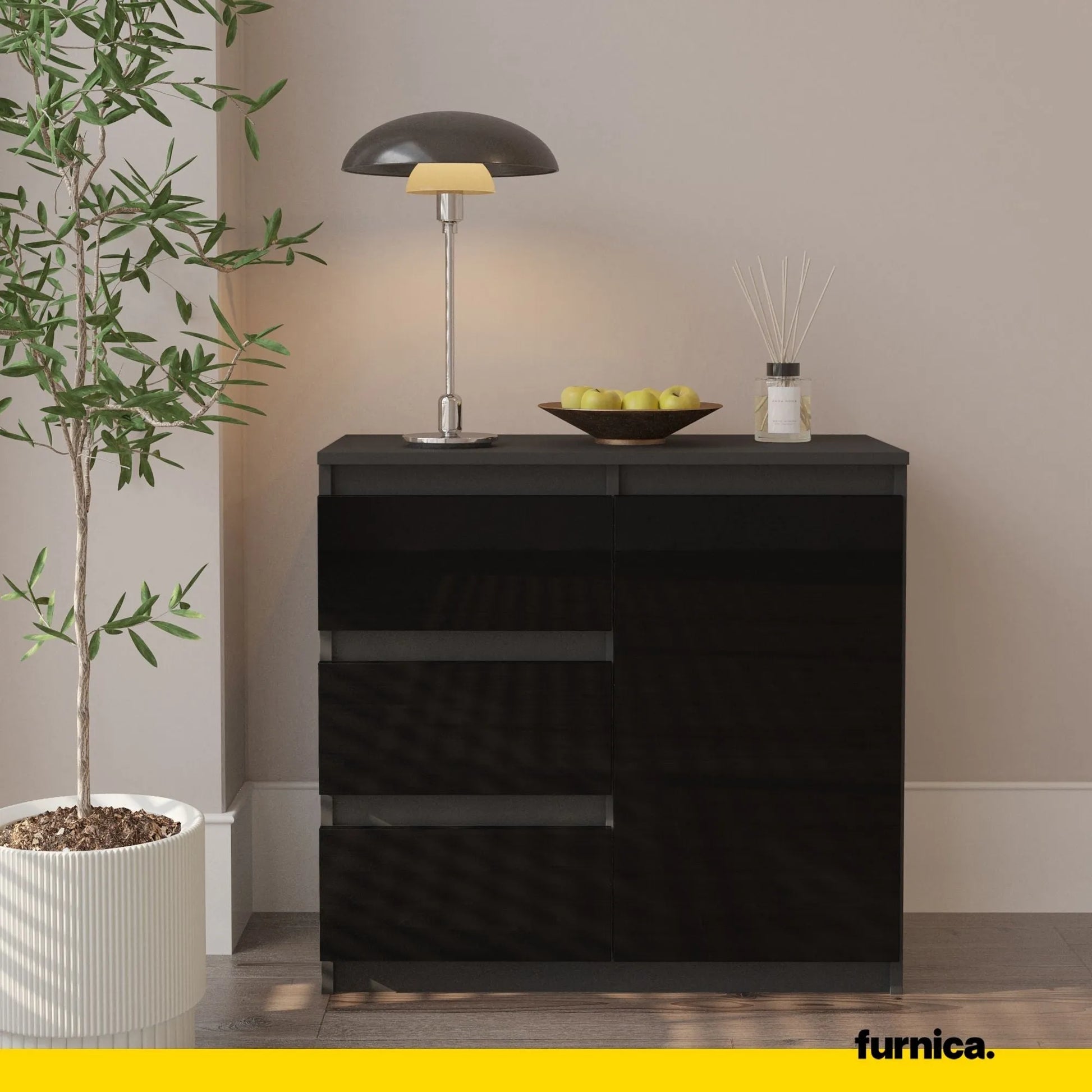 MIKEL - Kommode / Sideboard mit 3 Schubladen und 1 Tür - Anthrazit / Schwarz Gloss H75cm B80cm T35cm – Furnica
