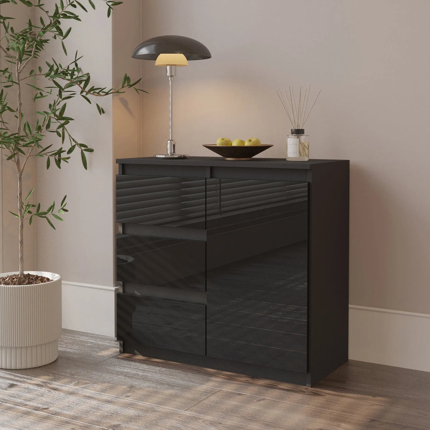 MIKEL - Kommode / Sideboard mit 3 Schubladen und 1 Tür - Anthrazit / Schwarz Gloss H75cm B80cm T35cm – Furnica