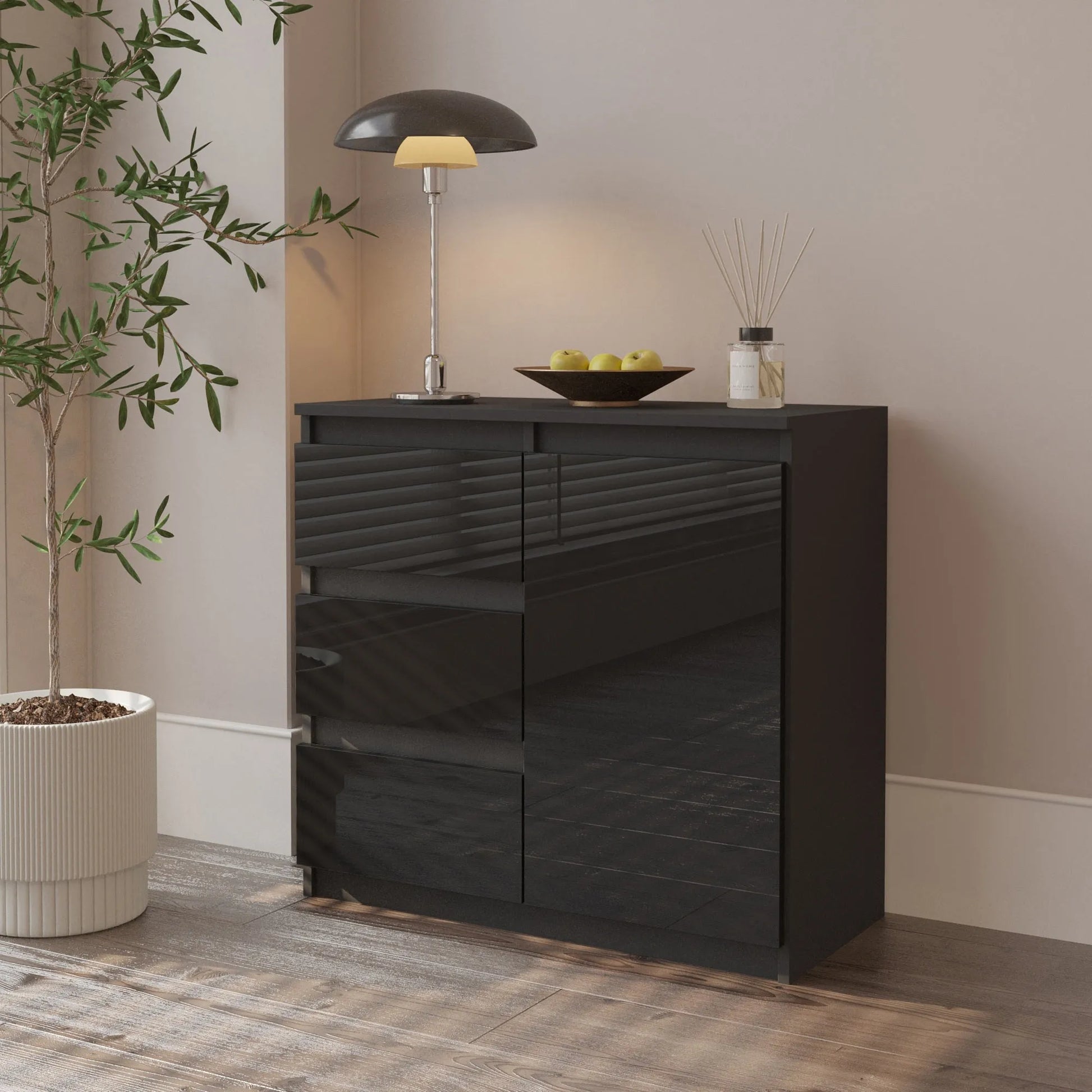 MIKEL - Kommode / Sideboard mit 3 Schubladen und 1 Tür - Anthrazit / Schwarz Gloss H75cm B80cm T35cm – Furnica