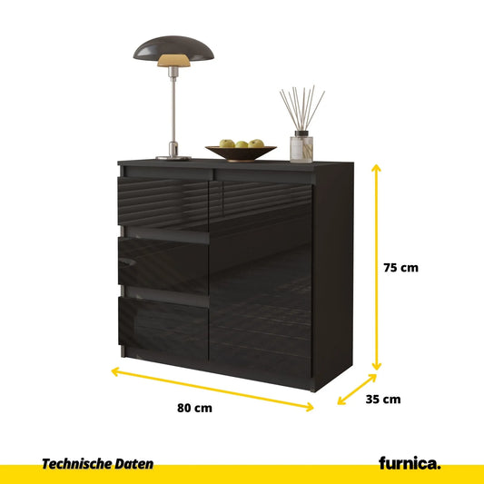 MIKEL - Kommode / Sideboard mit 3 Schubladen und 1 Tür - Anthrazit / Schwarz Gloss H75cm B80cm T35cm – Furnica