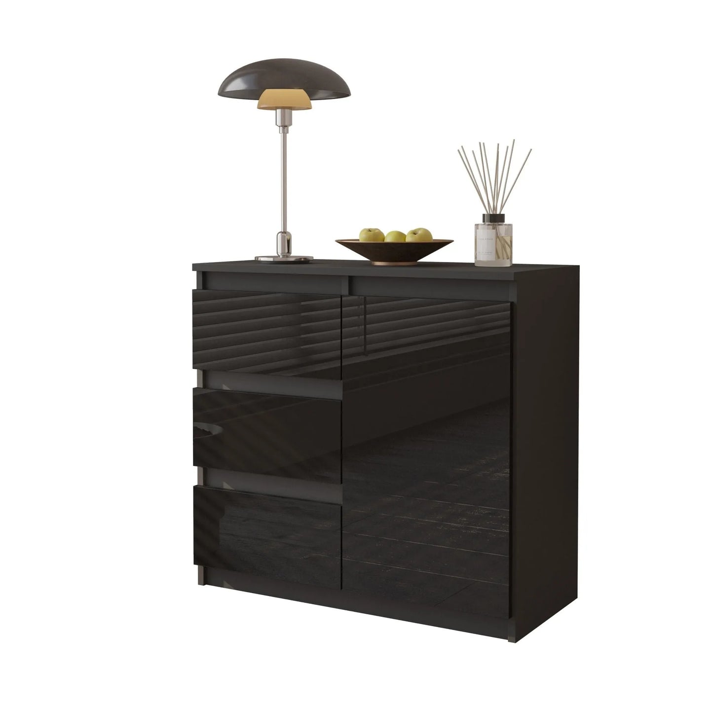MIKEL - Kommode / Sideboard mit 3 Schubladen und 1 Tür - Anthrazit / Schwarz Gloss H75cm B80cm T35cm – Furnica