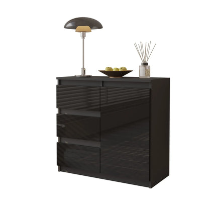 MIKEL - Kommode / Sideboard mit 3 Schubladen und 1 Tür - Anthrazit / Schwarz Gloss H75cm B80cm T35cm – Furnica