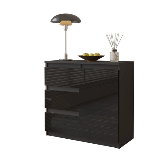 MIKEL - Kommode / Sideboard mit 3 Schubladen und 1 Tür - Anthrazit / Schwarz Gloss H75cm B80cm T35cm – Furnica