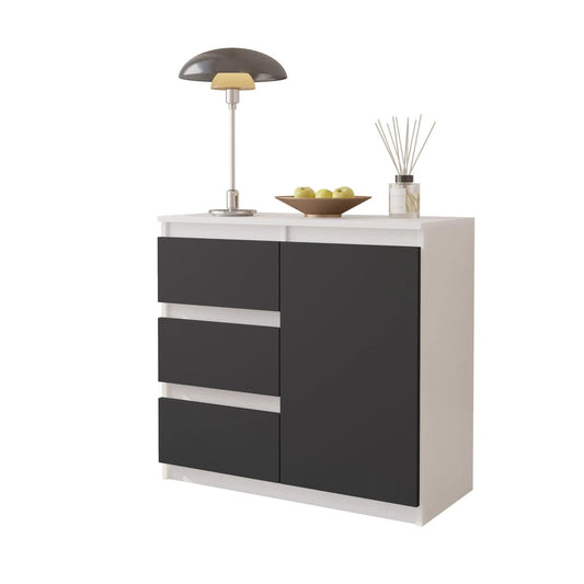 MIKEL - Kommode / Sideboard mit 3 Schubladen und 1 Tür - Weiß Matt / Anthrazit Grau H75cm B80cm T35cm – Furnica