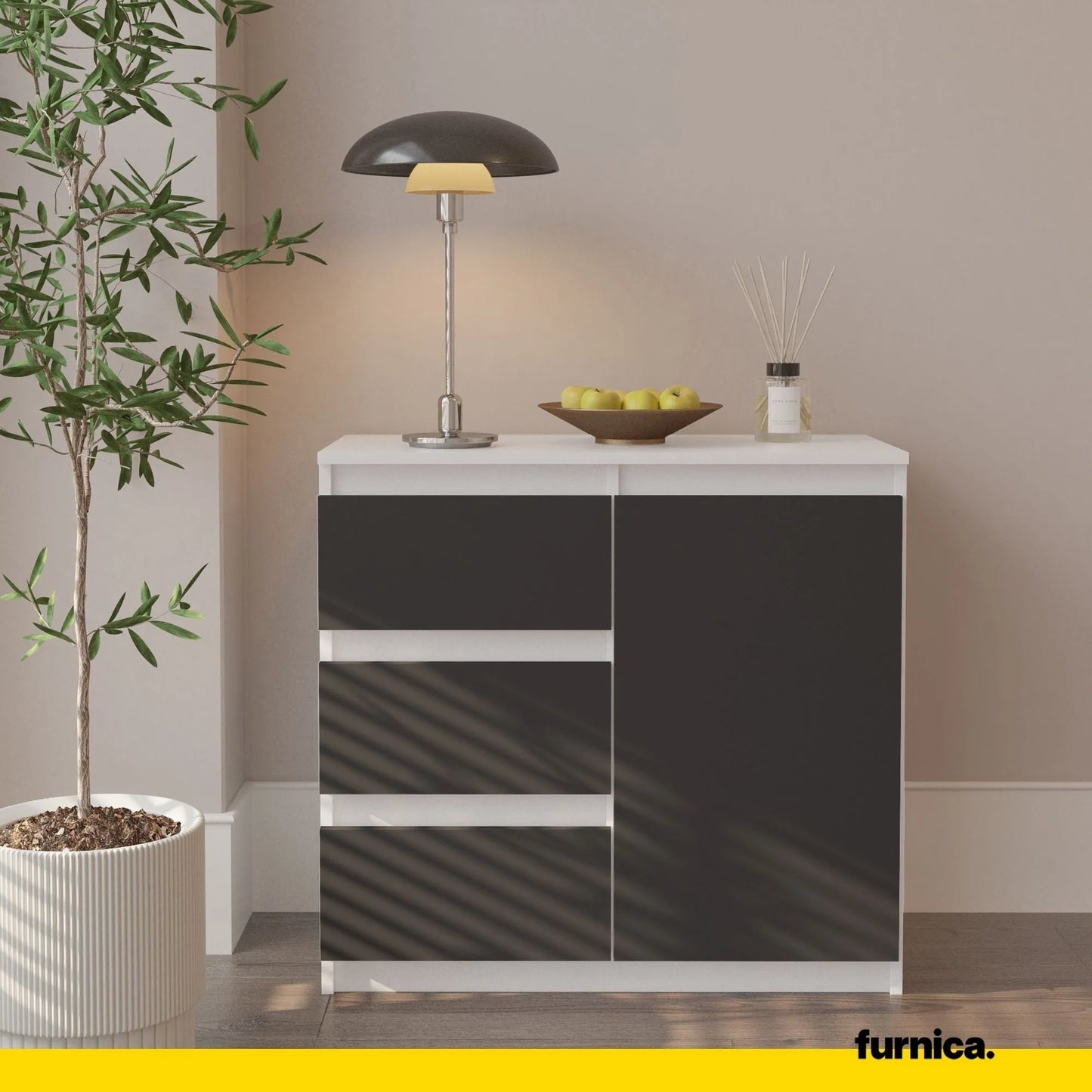 MIKEL - Kommode / Sideboard mit 3 Schubladen und 1 Tür - Weiß Matt / Anthrazit Grau H75cm B80cm T35cm – Furnica