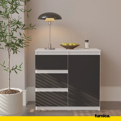 MIKEL - Kommode / Sideboard mit 3 Schubladen und 1 Tür - Weiß Matt / Anthrazit Grau H75cm B80cm T35cm – Furnica