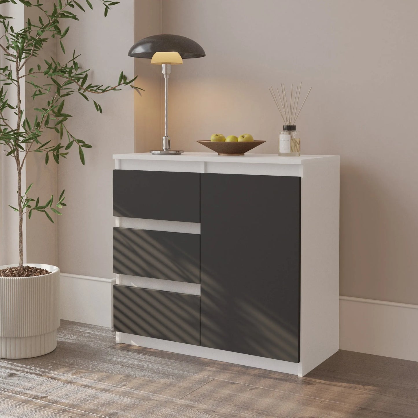 MIKEL - Kommode / Sideboard mit 3 Schubladen und 1 Tür - Weiß Matt / Anthrazit Grau H75cm B80cm T35cm – Furnica