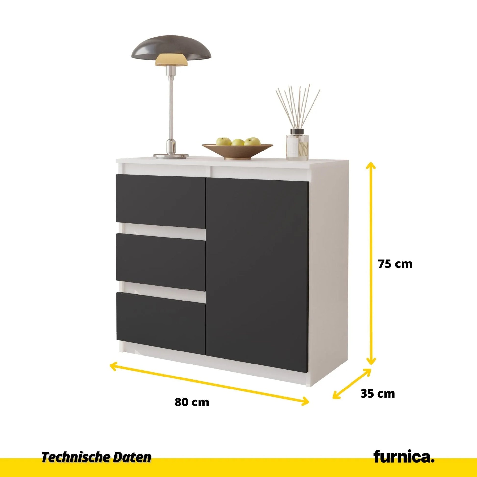 MIKEL - Kommode / Sideboard mit 3 Schubladen und 1 Tür - Weiß Matt / Anthrazit Grau H75cm B80cm T35cm – Furnica