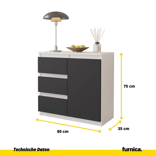 MIKEL - Kommode / Sideboard mit 3 Schubladen und 1 Tür - Weiß Matt / Anthrazit Grau H75cm B80cm T35cm – Furnica