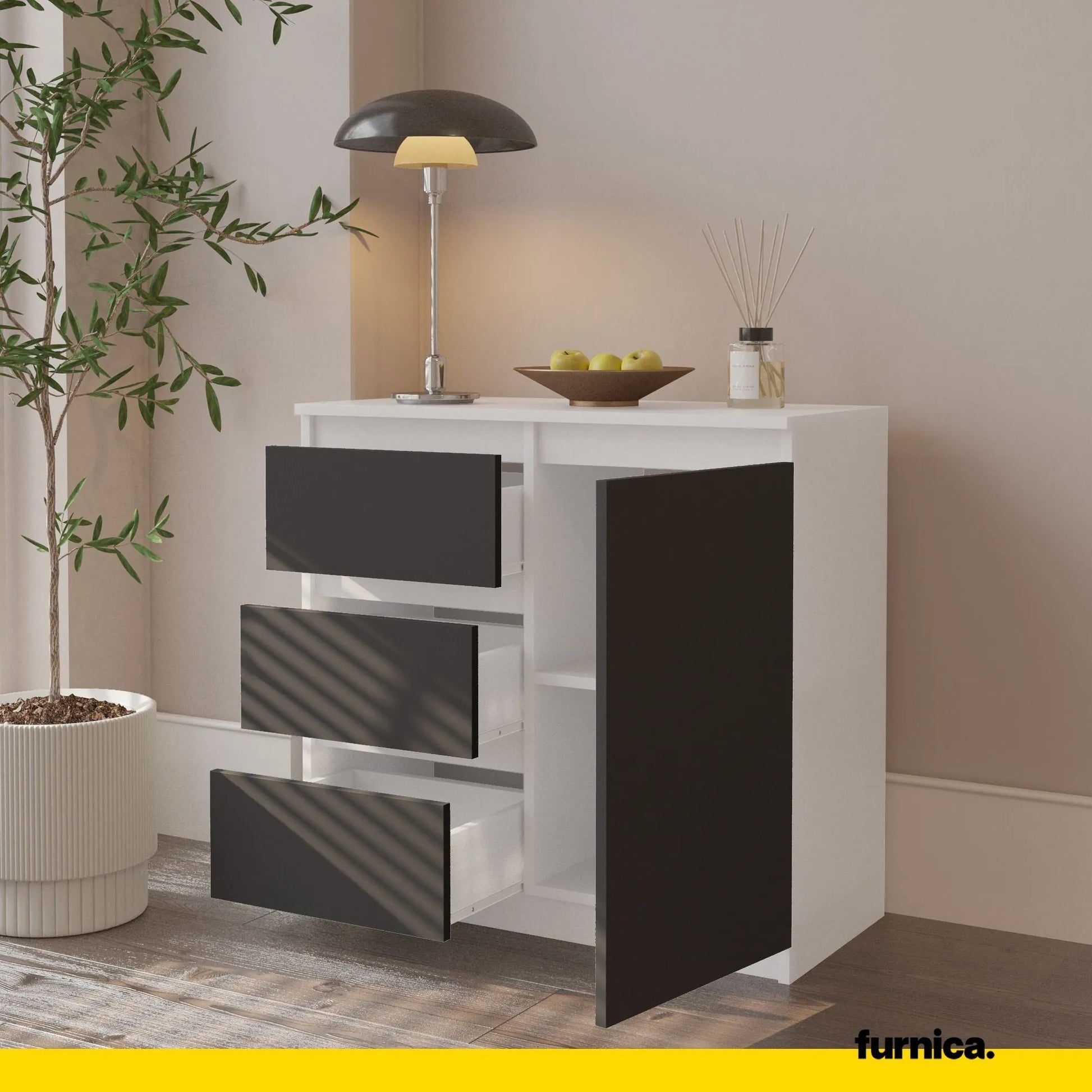 MIKEL - Kommode / Sideboard mit 3 Schubladen und 1 Tür - Weiß Matt / Anthrazit Grau H75cm B80cm T35cm – Furnica