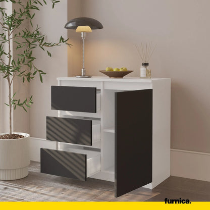 MIKEL - Kommode / Sideboard mit 3 Schubladen und 1 Tür - Weiß Matt / Anthrazit Grau H75cm B80cm T35cm – Furnica