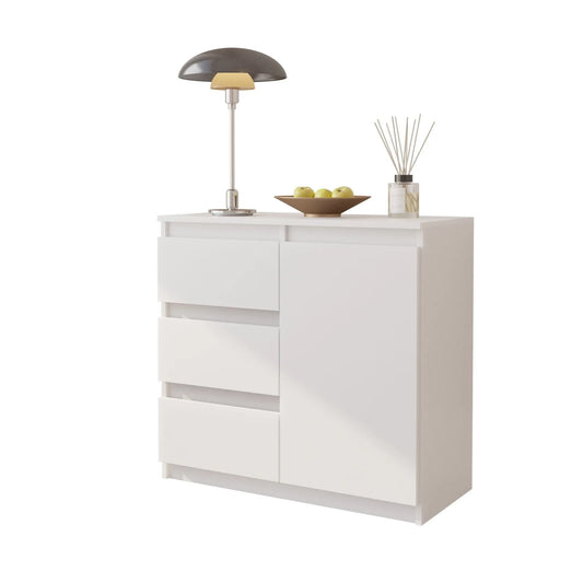 MIKEL - Kommode / Sideboard mit 3 Schubladen und 1 Tür - Weiß Matt H75cm B80cm T35cm – Furnica