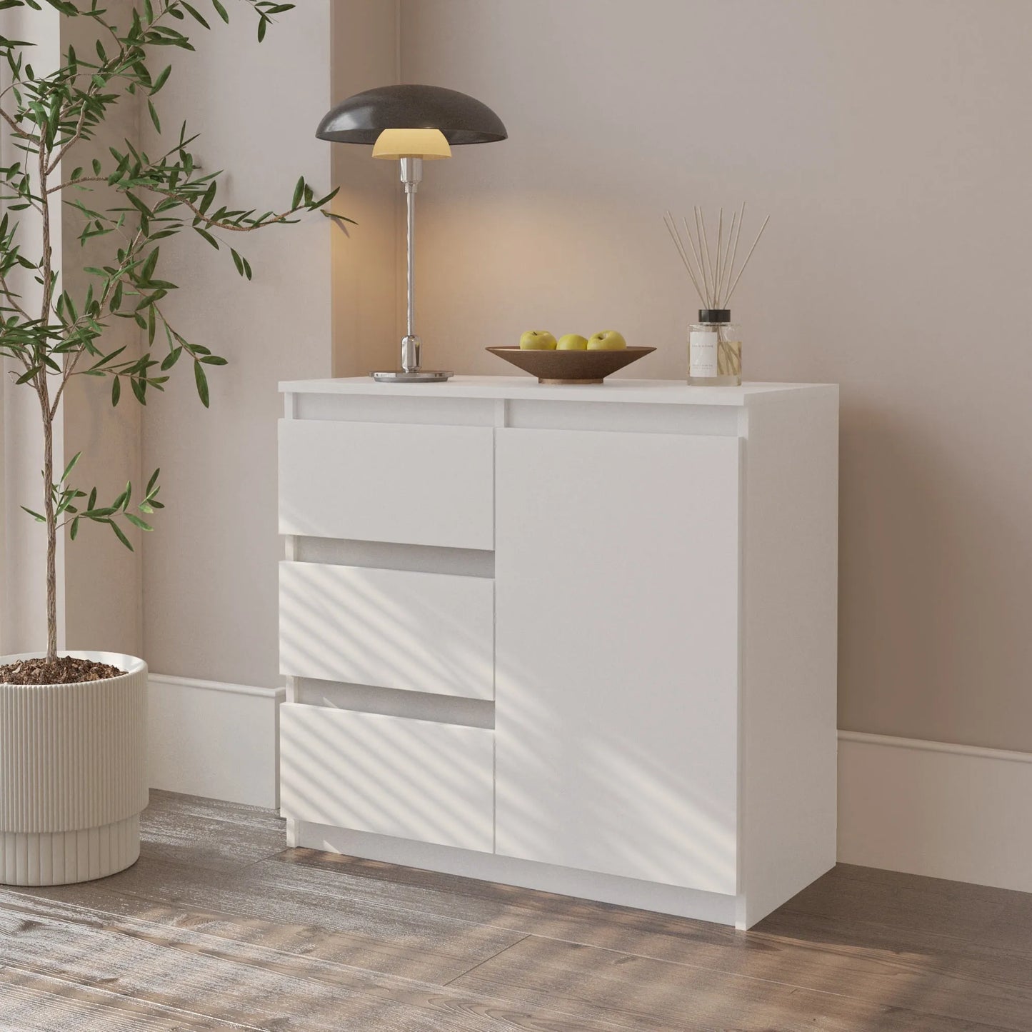 MIKEL - Kommode / Sideboard mit 3 Schubladen und 1 Tür - Weiß Matt H75cm B80cm T35cm – Furnica