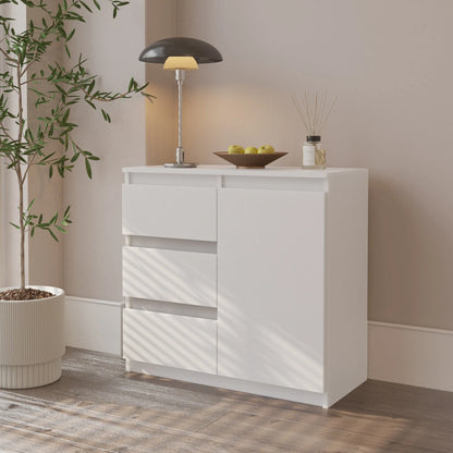 MIKEL - Kommode / Sideboard mit 3 Schubladen und 1 Tür - Weiß Matt H75cm B80cm T35cm – Furnica