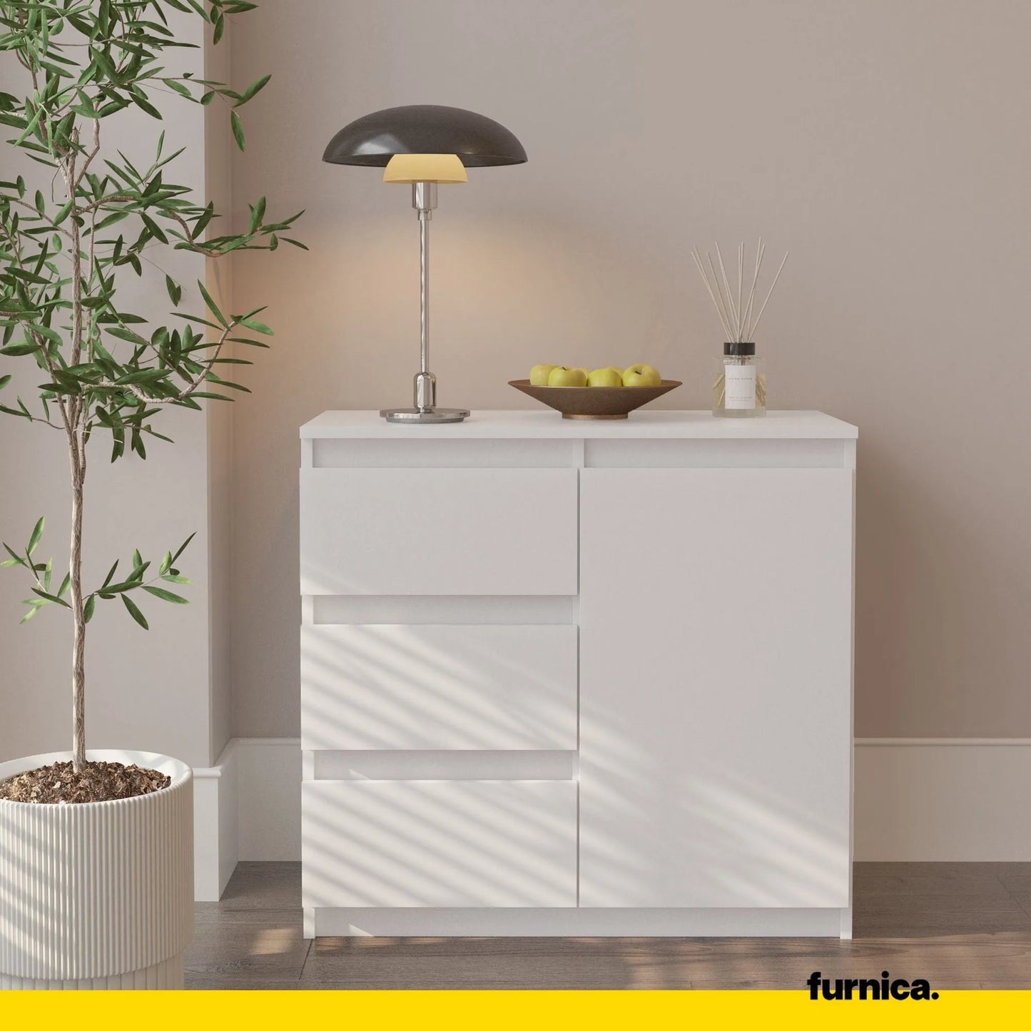 MIKEL - Kommode / Sideboard mit 3 Schubladen und 1 Tür - Weiß Matt H75cm B80cm T35cm – Furnica