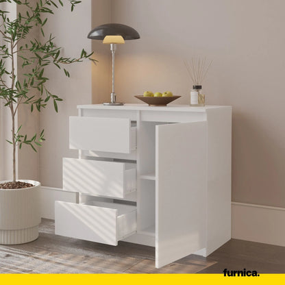 MIKEL - Kommode / Sideboard mit 3 Schubladen und 1 Tür - Weiß Matt H75cm B80cm T35cm – Furnica
