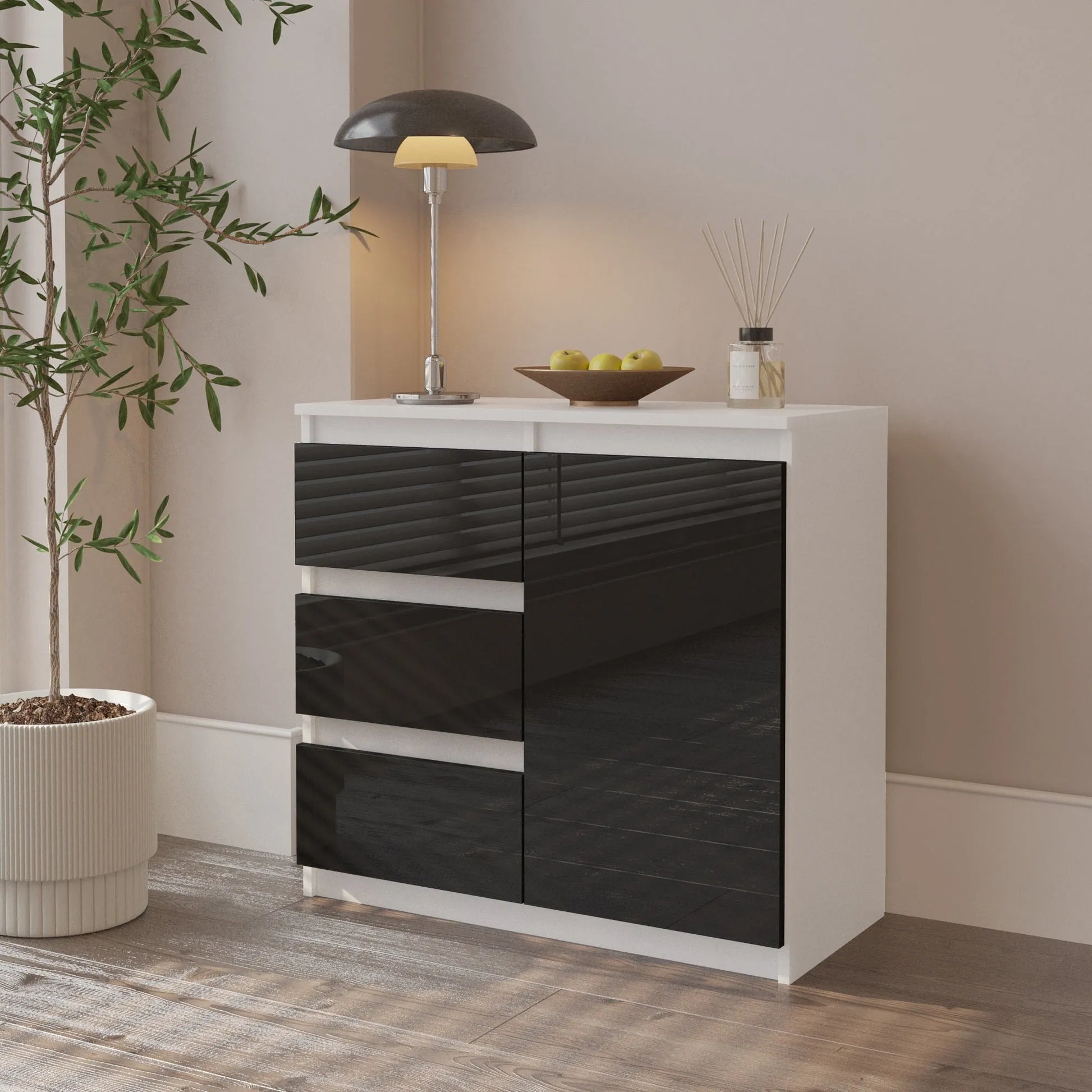 MIKEL - Kommode / Sideboard mit 3 Schubladen und 1 Tür - Weiß Matt / Schwarz Gloss H75cm B80cm T35cm – Furnica