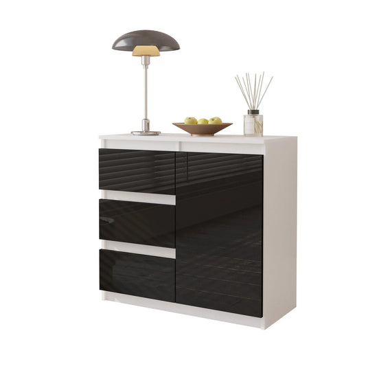 MIKEL - Kommode / Sideboard mit 3 Schubladen und 1 Tür - Weiß Matt / Schwarz Gloss H75cm B80cm T35cm – Furnica