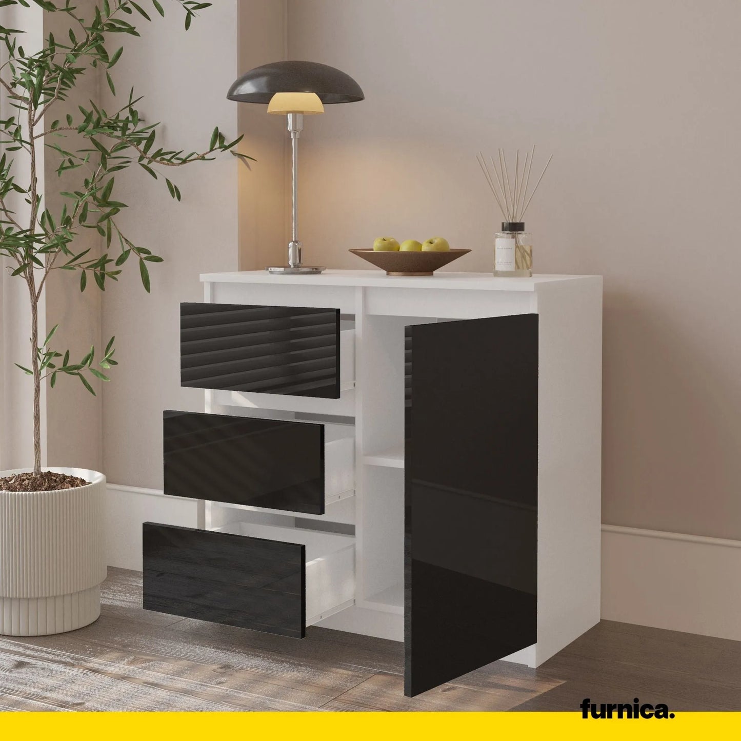 MIKEL - Kommode / Sideboard mit 3 Schubladen und 1 Tür - Weiß Matt / Schwarz Gloss H75cm B80cm T35cm – Furnica