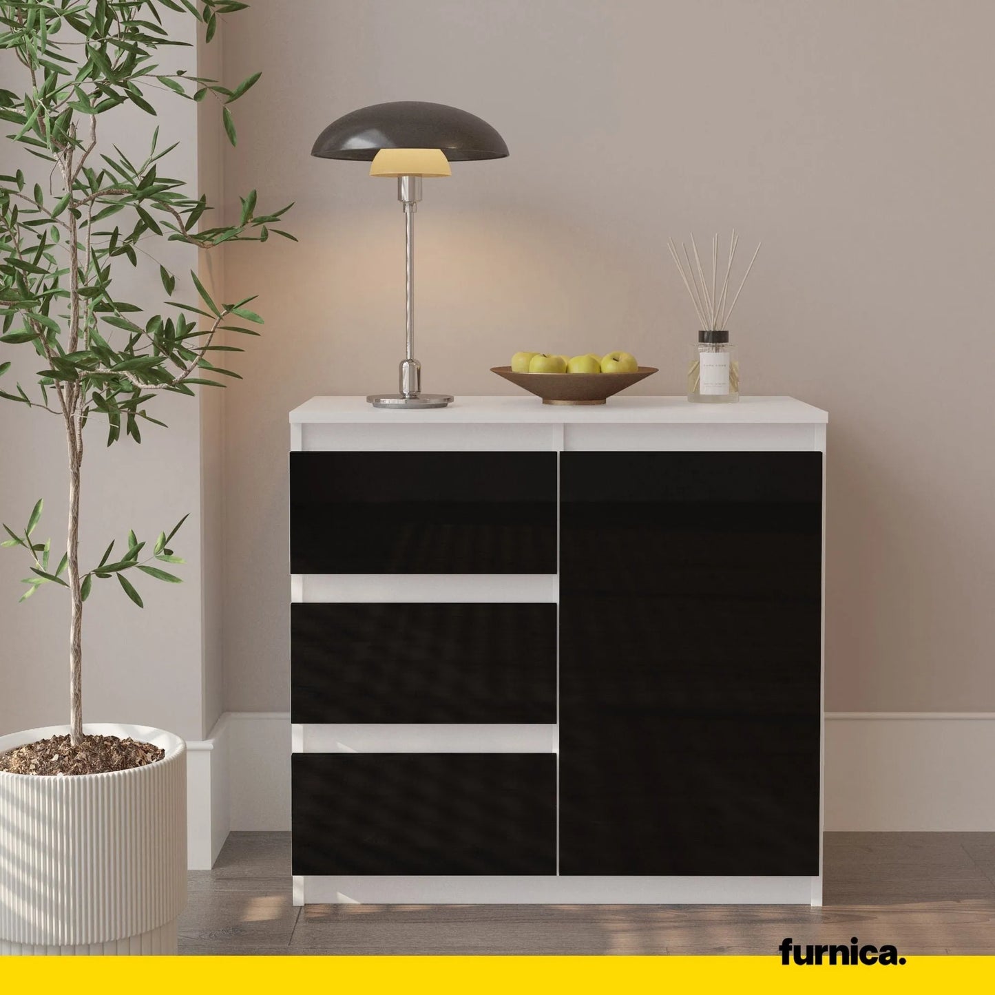 MIKEL - Kommode / Sideboard mit 3 Schubladen und 1 Tür - Weiß Matt / Schwarz Gloss H75cm B80cm T35cm – Furnica