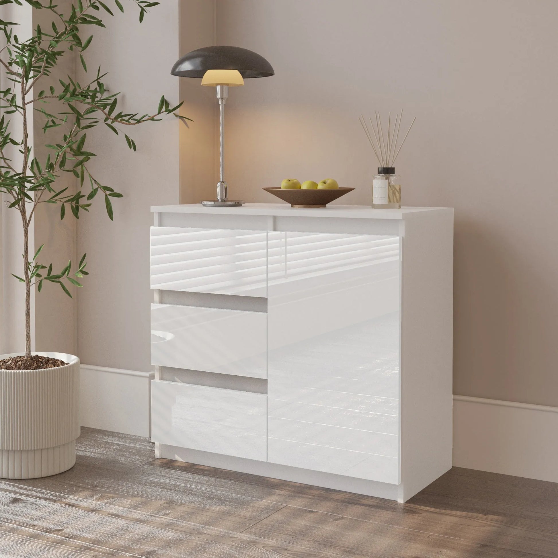 MIKEL - Kommode / Sideboard mit 3 Schubladen und 1 Tür - Weiß Matt / Weiß Gloss H75cm B80cm T35cm – Furnica