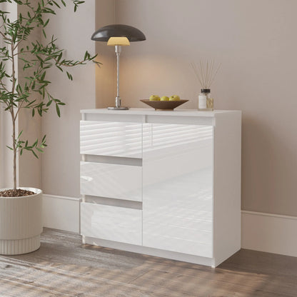 MIKEL - Kommode / Sideboard mit 3 Schubladen und 1 Tür - Weiß Matt / Weiß Gloss H75cm B80cm T35cm – Furnica