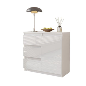 MIKEL - Kommode / Sideboard mit 3 Schubladen und 1 Tür - Weiß Matt / Weiß Gloss H75cm B80cm T35cm