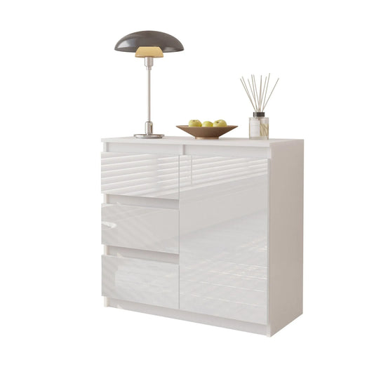 MIKEL - Kommode / Sideboard mit 3 Schubladen und 1 Tür - Weiß Matt / Weiß Gloss H75cm B80cm T35cm – Furnica