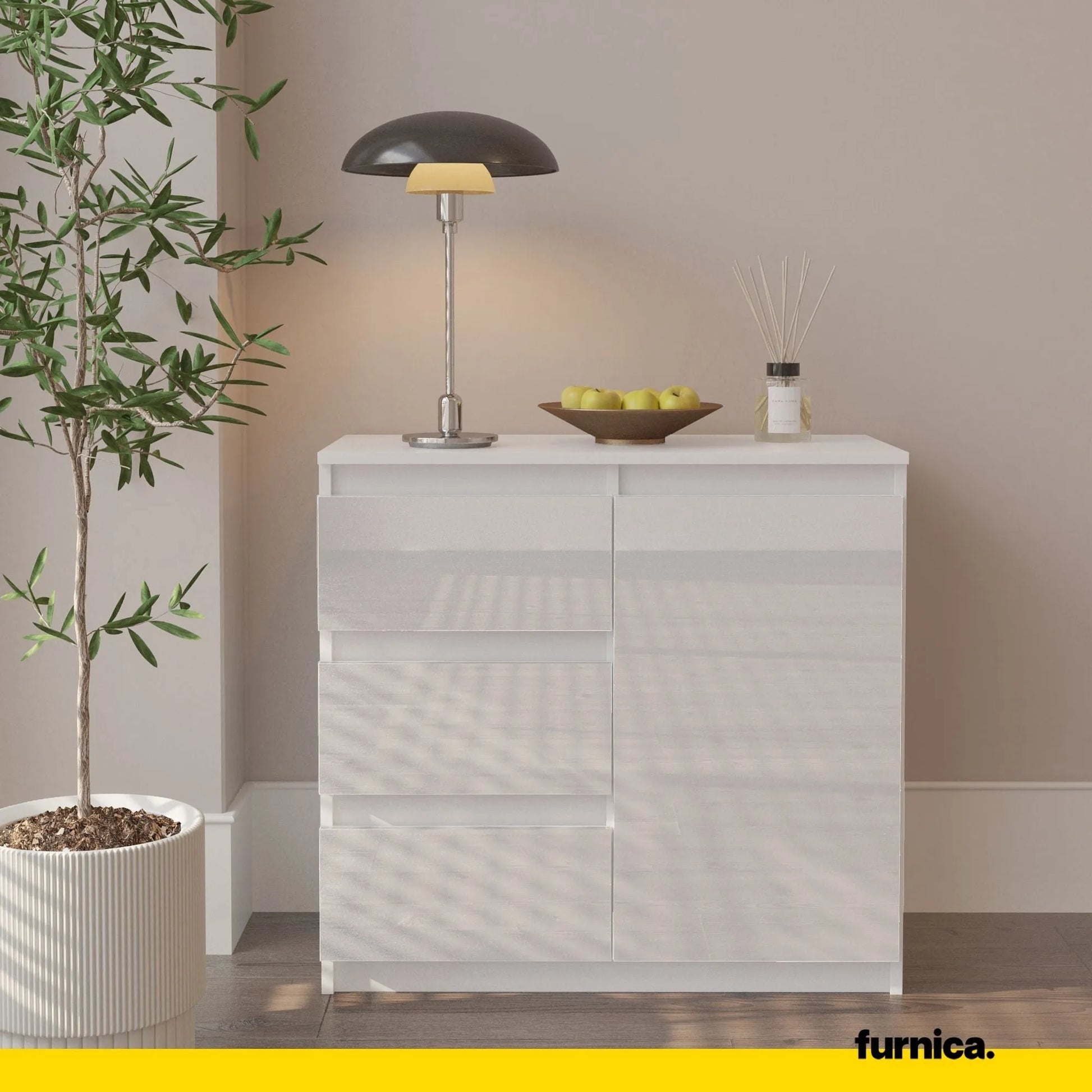 MIKEL - Kommode / Sideboard mit 3 Schubladen und 1 Tür - Weiß Matt / Weiß Gloss H75cm B80cm T35cm – Furnica
